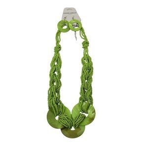 Lime Green Multi Strand Seed Bead Shell Statement Necklace Shell Dangle Earrings